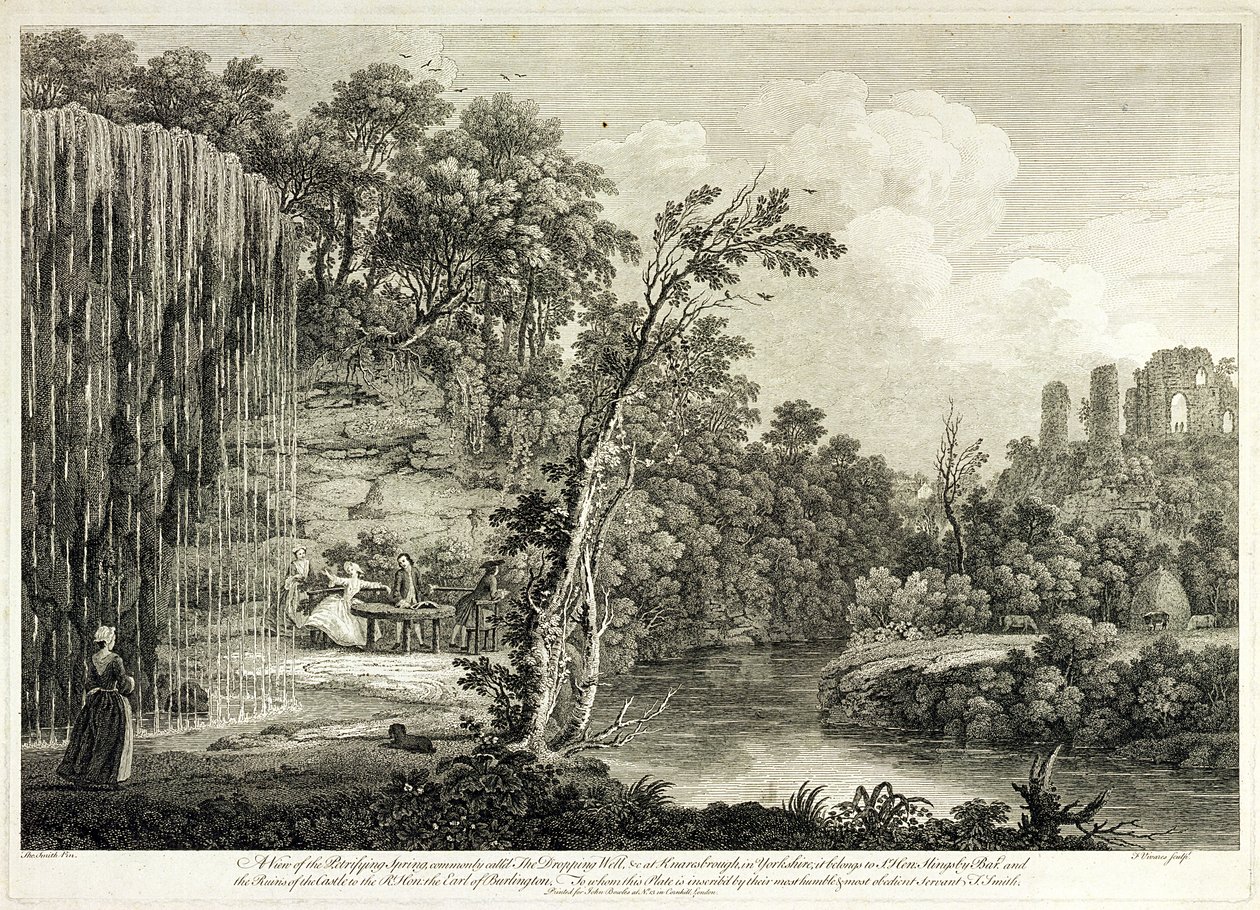 Uitzicht op de versteende bron, algemeen bekend als de druppelput in Knaresborough, Yorkshire, gegraveerd door Francois Vivares door Thomas of Derby Smith