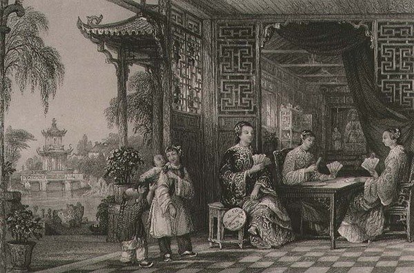 Dames van een Mandarijnfamilie aan het kaarten, uit 