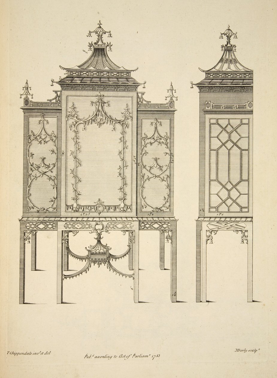 Ontwerp voor een porseleinkast, gepubliceerd 1753 (gravure) door Thomas (after) Chippendale