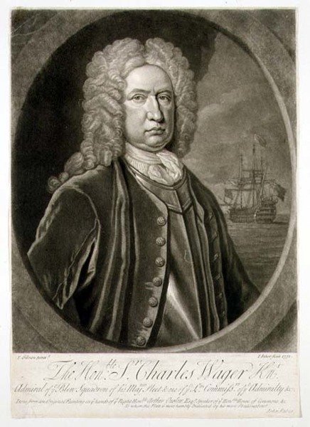 Portret van Sir Charles Wager, Admiraal van het Blauwe Eskader, gegraveerd door John Faber door Thomas (after) Gibson