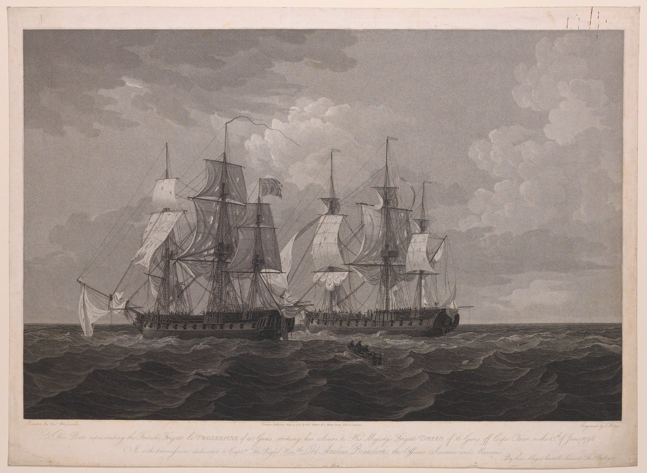 Deze plaat toont het Franse fregat La Proserpine van 40 kanonnen die haar kleuren strijkt voor Zijne Majesteits fregat Dryad van 36 kanonnen bij Kaap Clear, op 13 juni 1796... opgedragen aan Kapitein... Lord Amelius Beauclerk... door Thomas (after) Whitcombe
