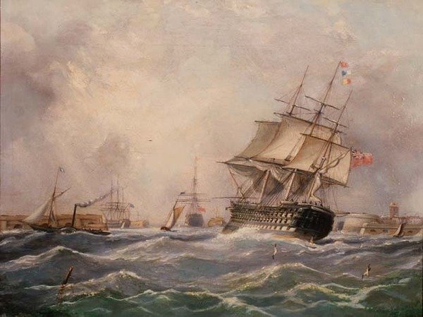 Brits oorlogsschip bij Portsmouth door Thomas (attr. to) Buttersworth