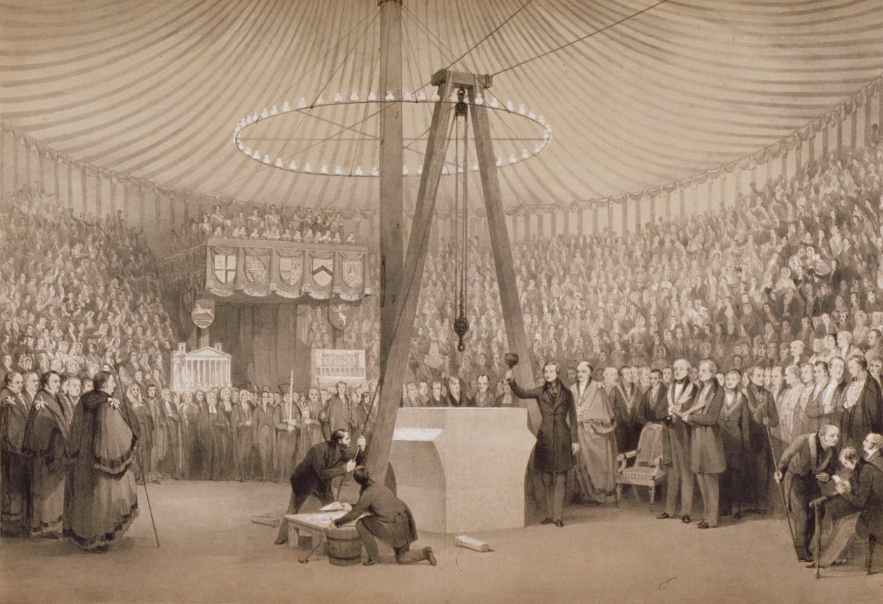 Prins Albert legt de eerste steen van de nieuwe Royal Exchange, Londen, 17 januari 1842 door Thomas Allom