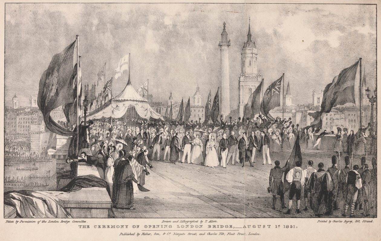 De ceremonie van de opening van de London Bridge met de oude London Bridge op de achtergrond door Thomas Allom