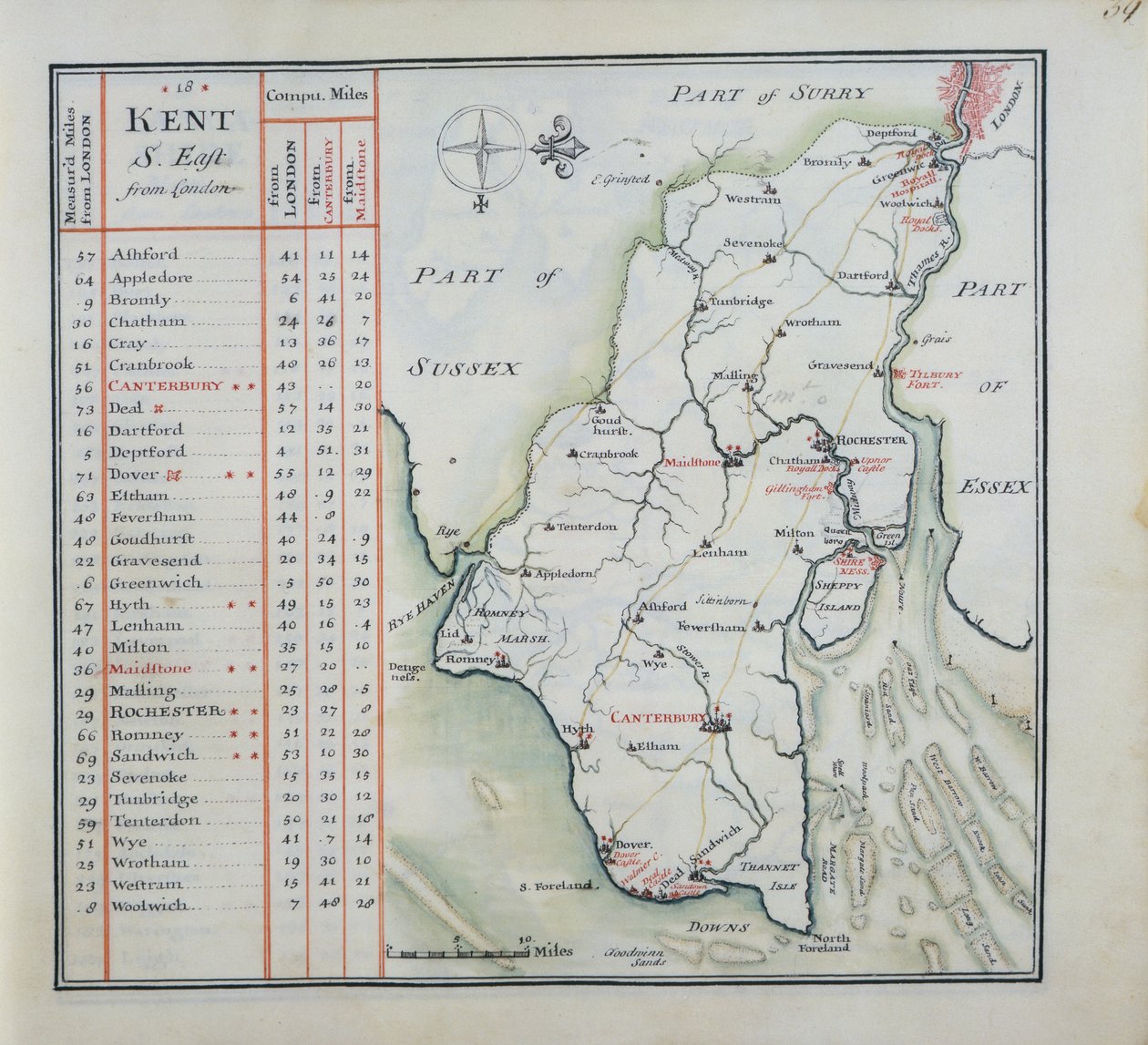 Kent, plaat 39r, uit A Compleat Sett of Mapps of England and Wales in General..., 1724 door Thomas Badeslade