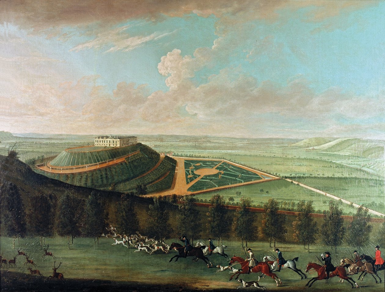 Uitzicht op Belvoir Castle vanuit het zuidwesten, met Belvoir Hunt in volle vaart, 1730 door Thomas Badeslade