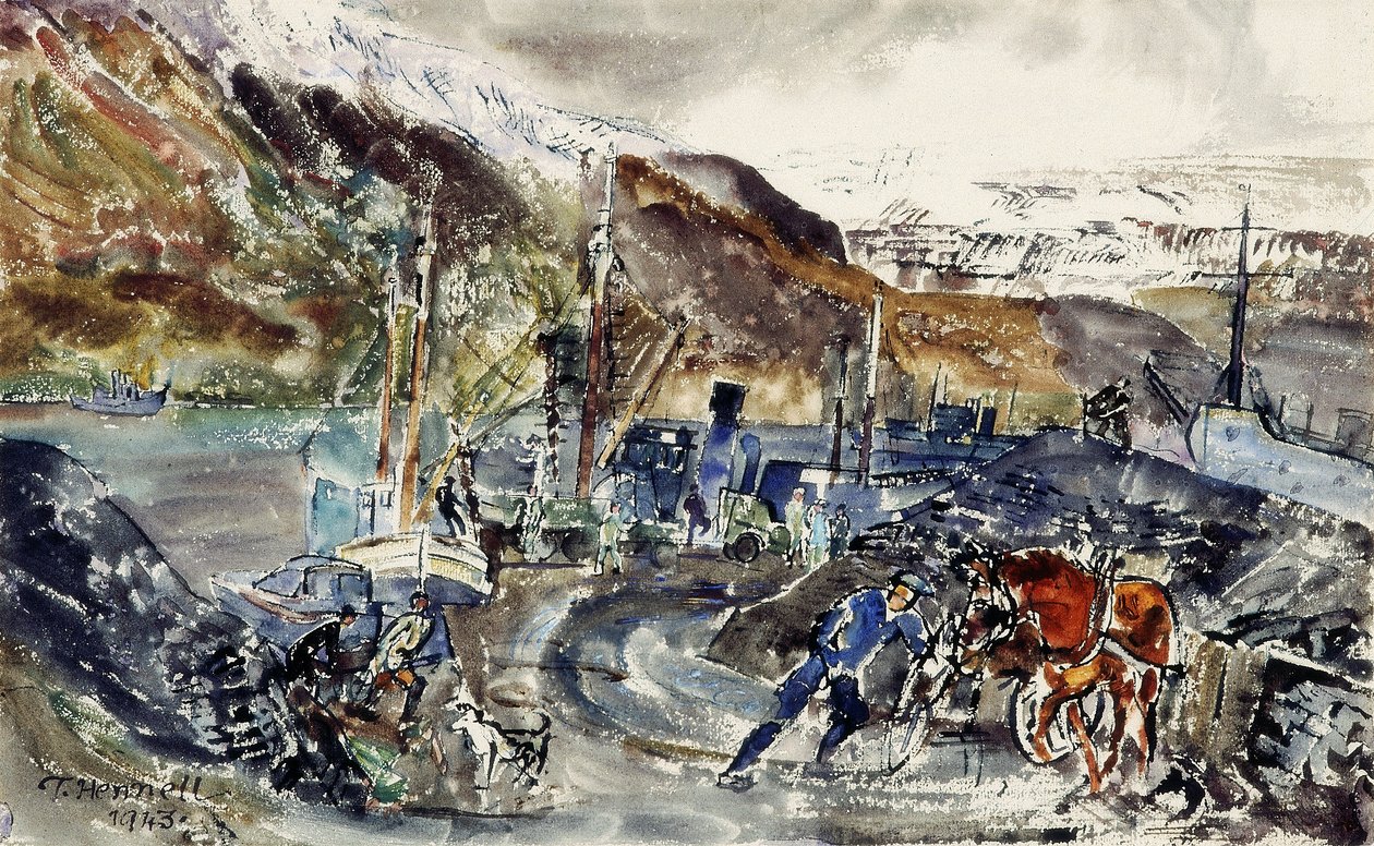 Lokale Kolenkarren en Trawlers, Seydisfjordur, IJsland door Thomas Barclay Hennell