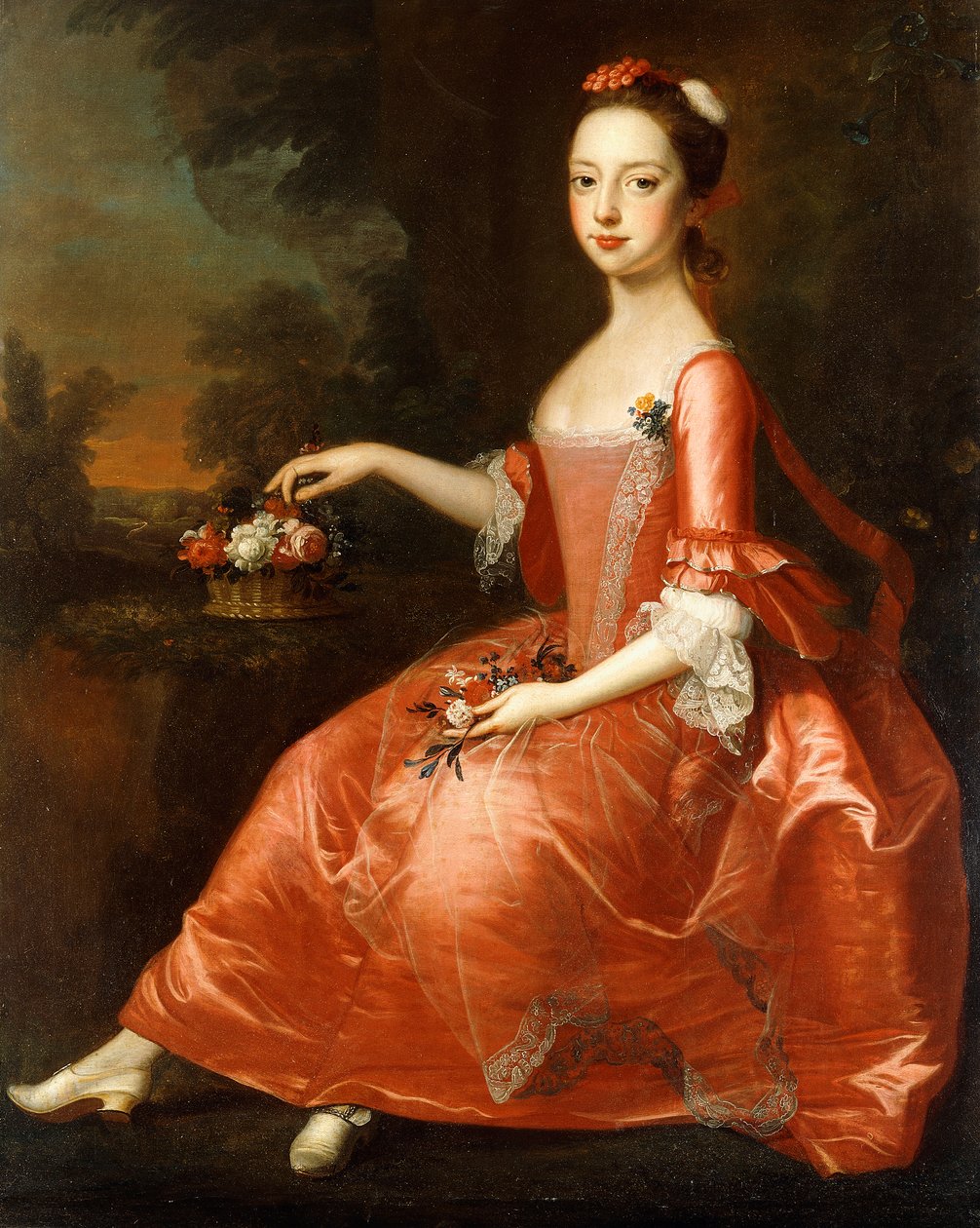 Portret van een jonge dame, zittend in volle lengte, in een rode jurk door Thomas Bardwell