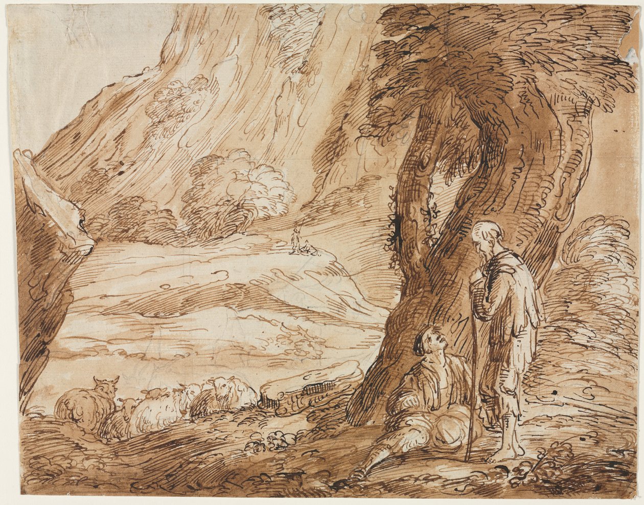 Landschap met schapen en twee herders door Thomas Barker