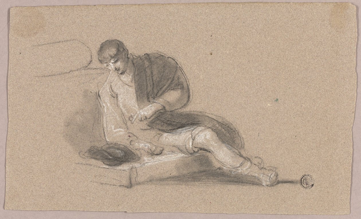 Zittende man wijst naar beneden (recto en verso) door Thomas Barker