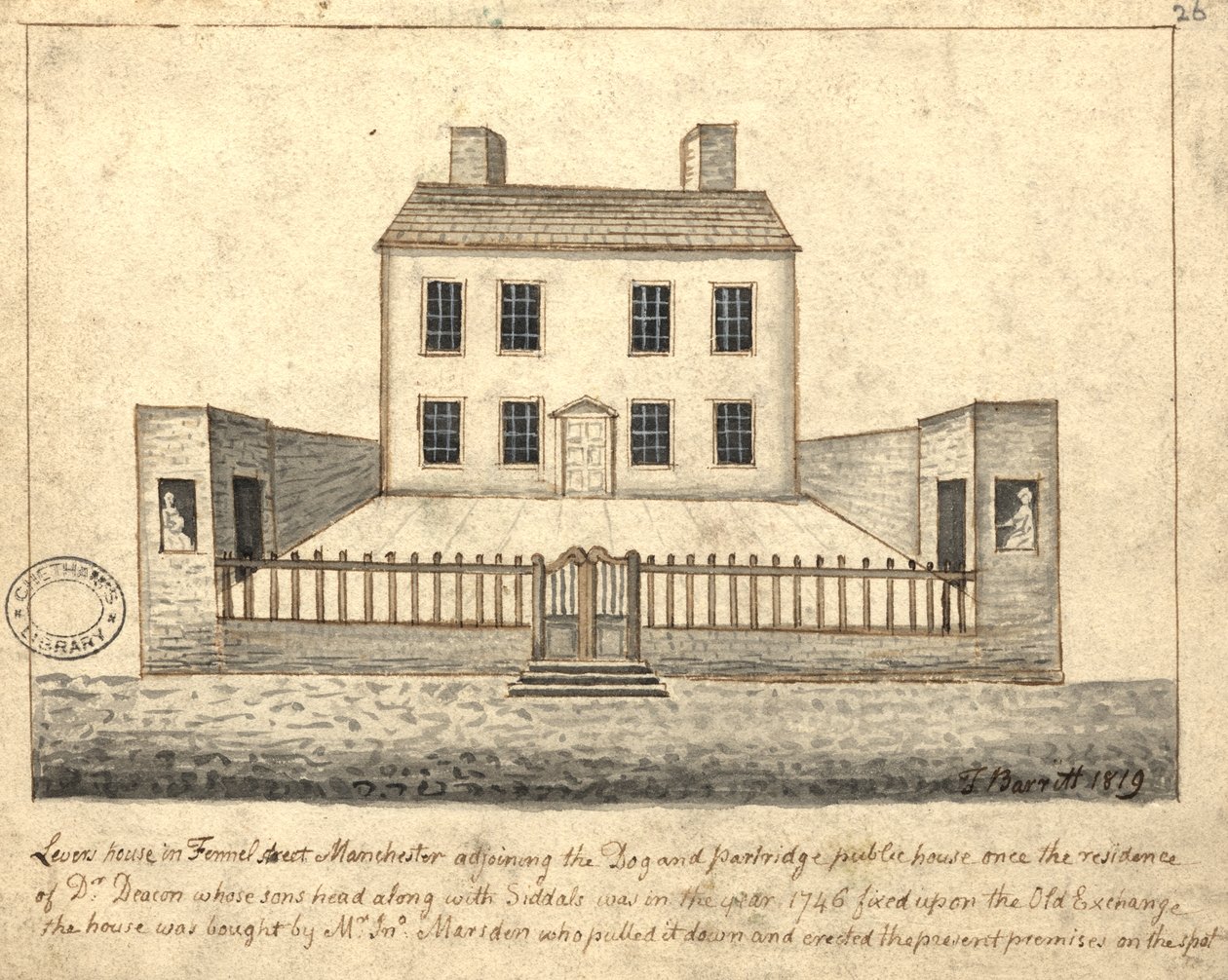 Levers House, Manchester, 1819 (pen en inkt en was op papier) door Thomas Barritt
