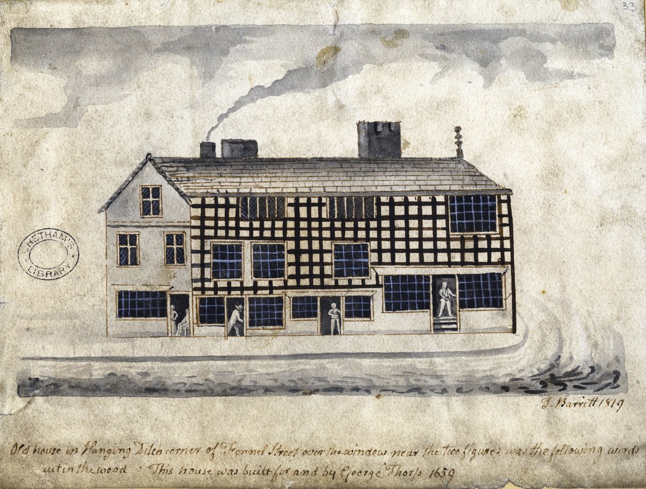 Oud Huis aan Hanging Ditch, Manchester, 1819 door Thomas Barritt