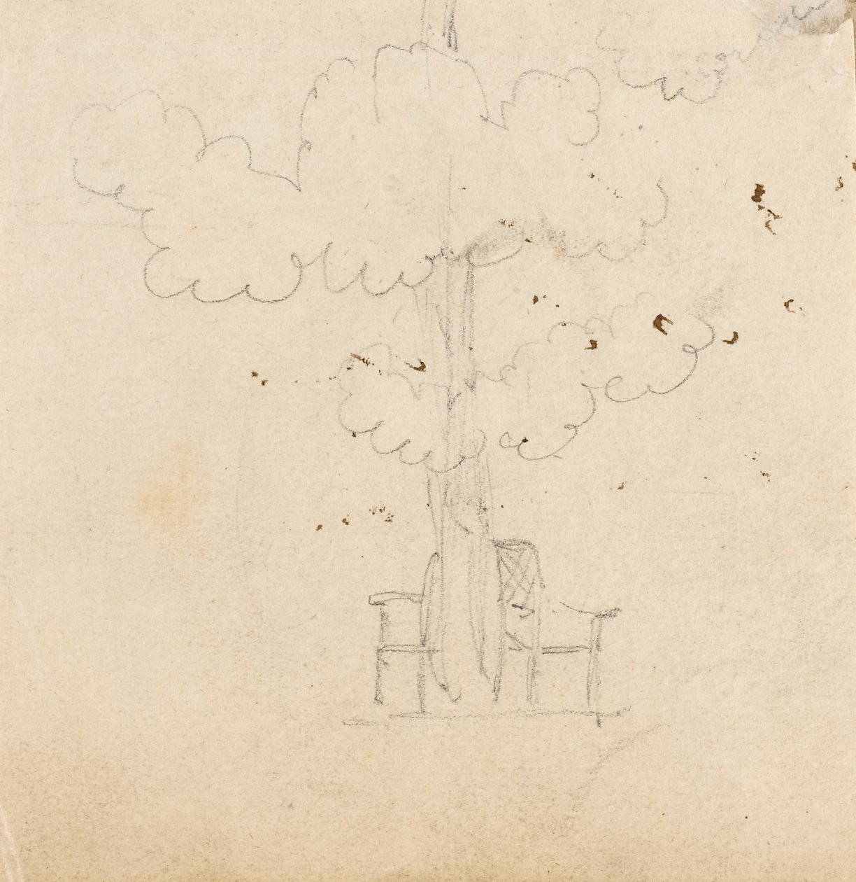 Studie van een boom met twee stoelen aan weerszijden van de stam door Thomas Baxter