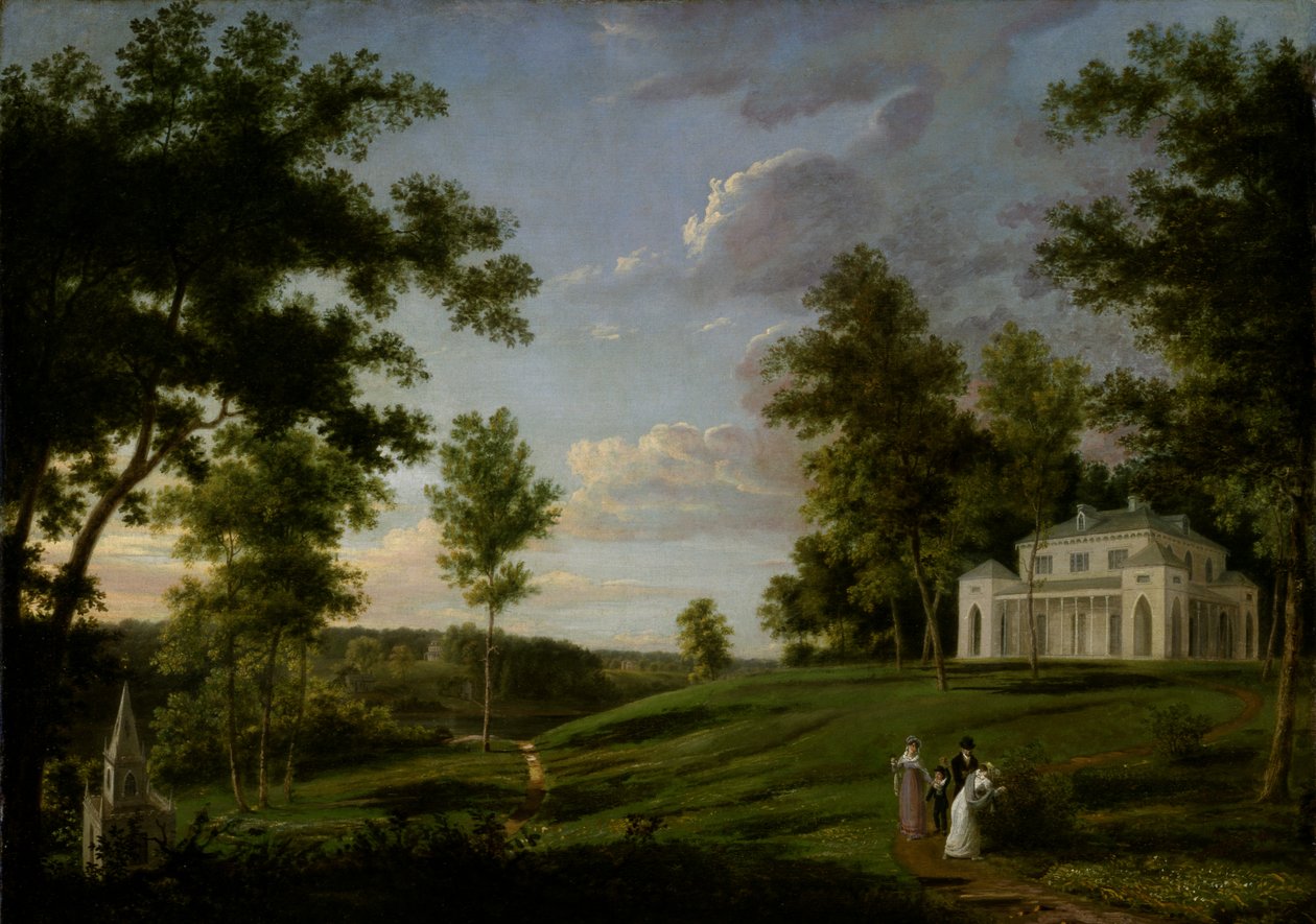 Zuidoostelijk uitzicht op Sedgeley Park, het landgoed van James Cowles Fisher, Esq., ca. 1819 door Thomas Birch