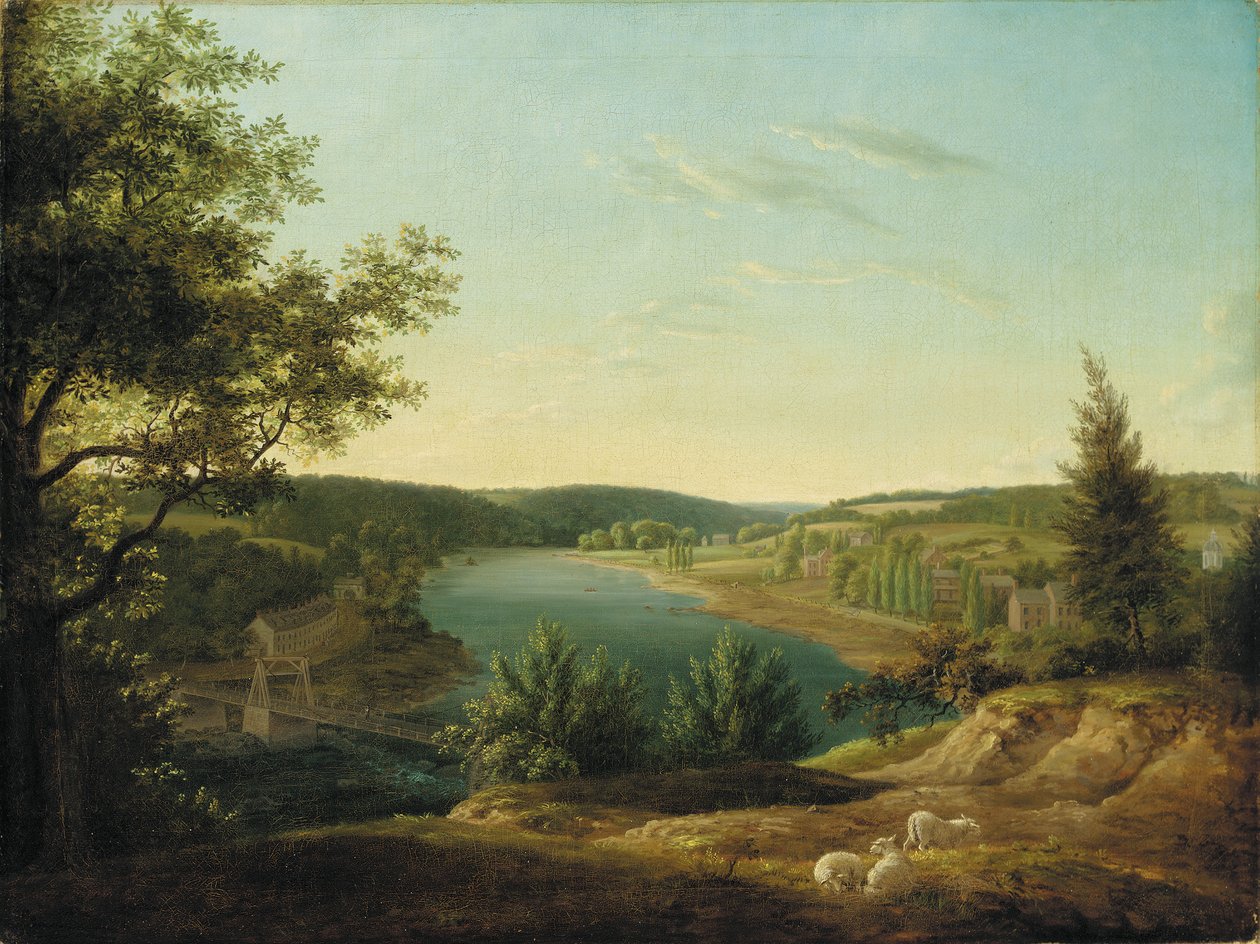 Uitzicht op de Kettingbrug en watervallen van de Schuylkill, vijf mijl van Philadelphia door Thomas Birch