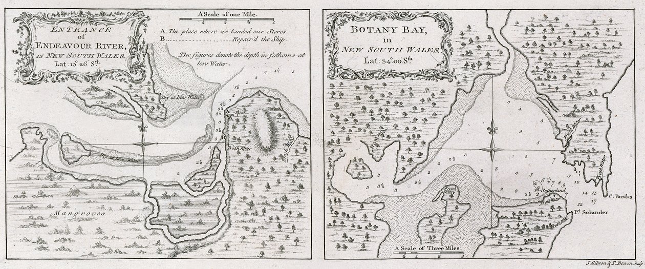 Kaarten van Kapitein James Cook bij de ingang van Endeavour River en Botany Bay in Nieuw-Zuid-Wales door Thomas Bowen