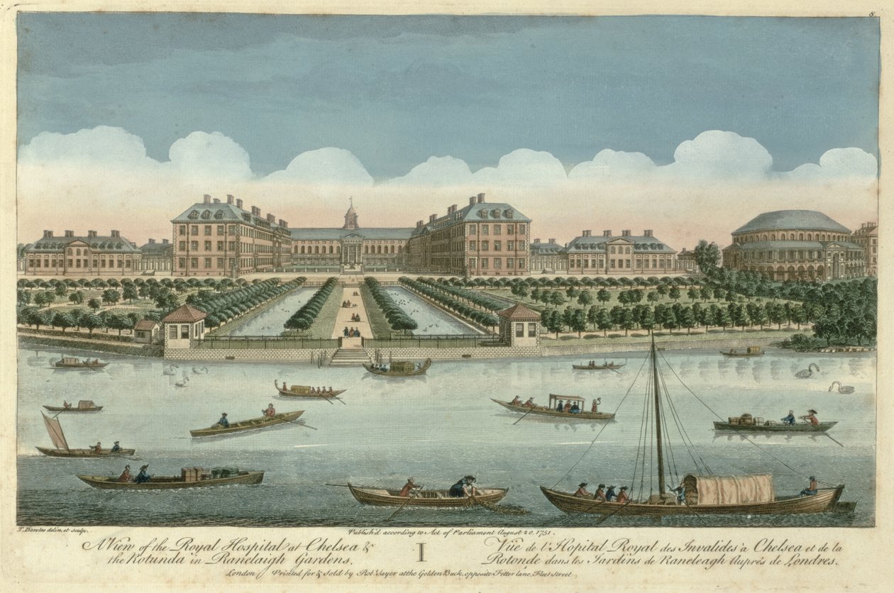 Een uitzicht op het Royal Hospital in Chelsea en de Rotunda in Ranelaigh Gardens, uitgegeven door Robert Sayer, 1751 door Thomas Bowles