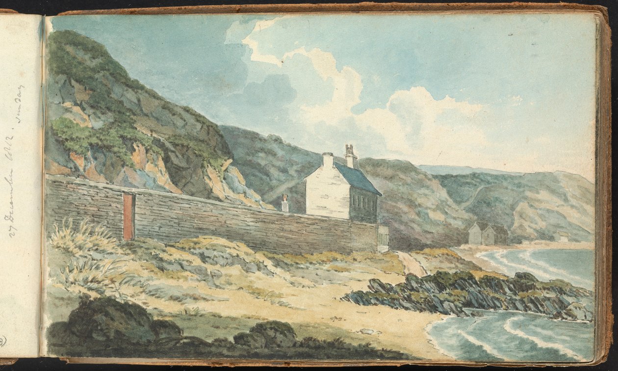 Album van landschap- en figuurtekeningen: Huizen aan een rotsachtige kustlijn door Thomas Bradshaw