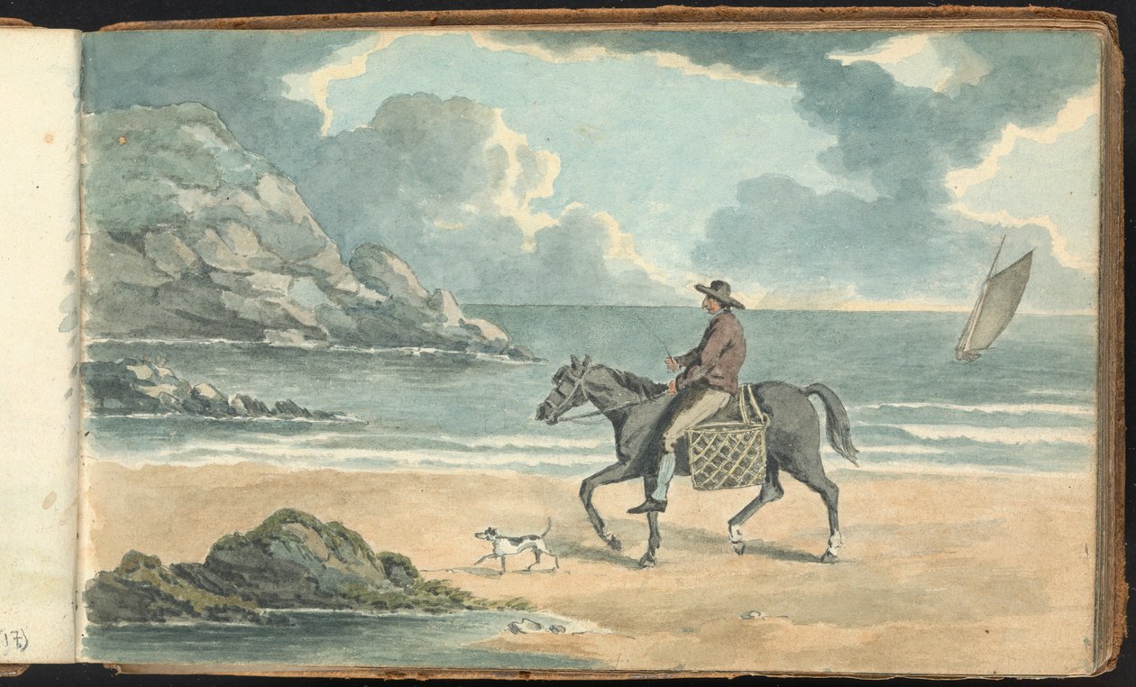 Album van Landschap- en Figurenstudies: Man die een Paard Berijdt op het Strand door Thomas Bradshaw