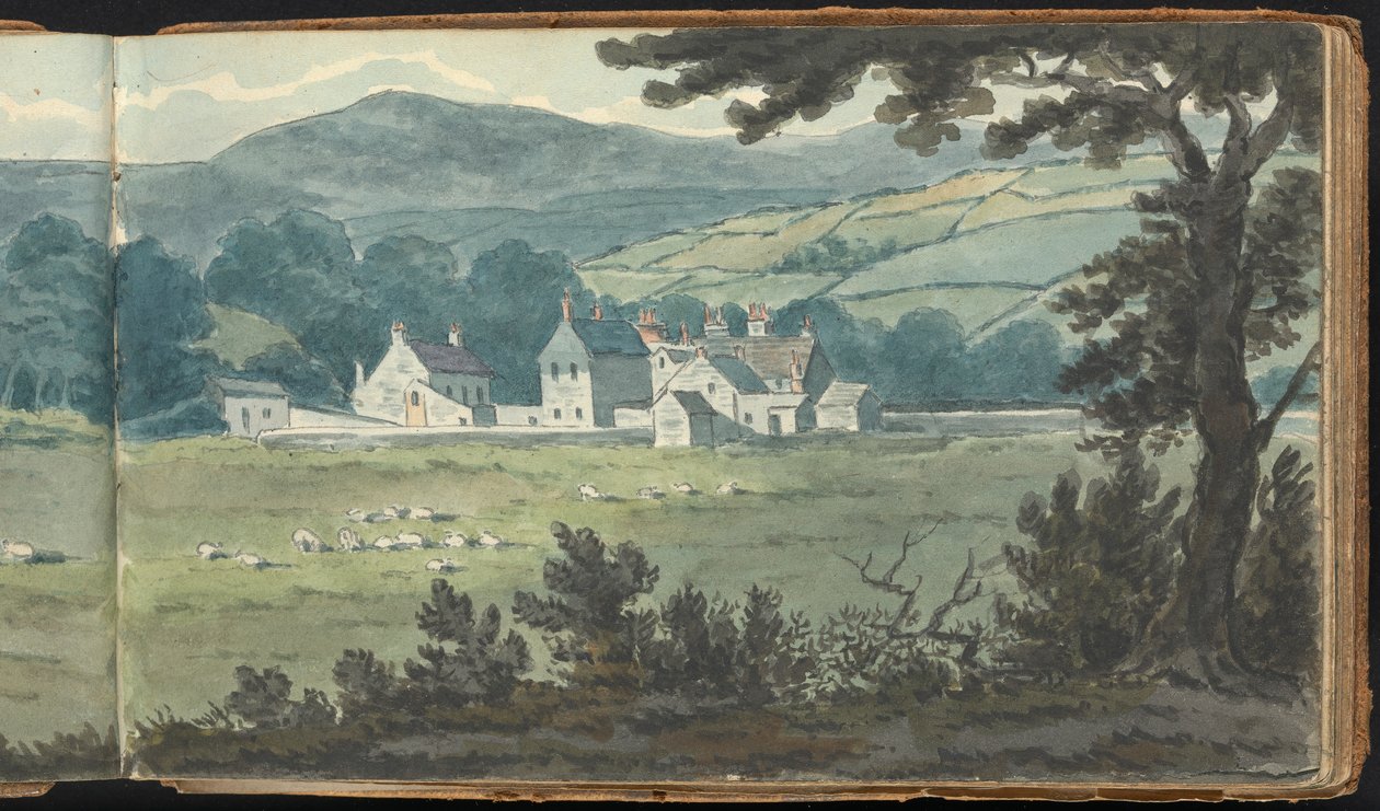 Album van Landschap- en Figurenstudies: Landelijk landschap met boerderij en grazende schapen door Thomas Bradshaw