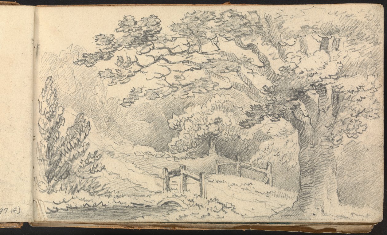 Album van landschap- en figuurstudies: Landelijk landschap met een brug door Thomas Bradshaw