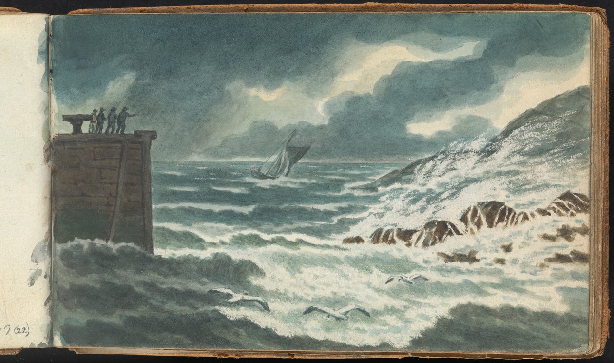 Album van landschap- en figuurstudies: Storm op zee door Thomas Bradshaw