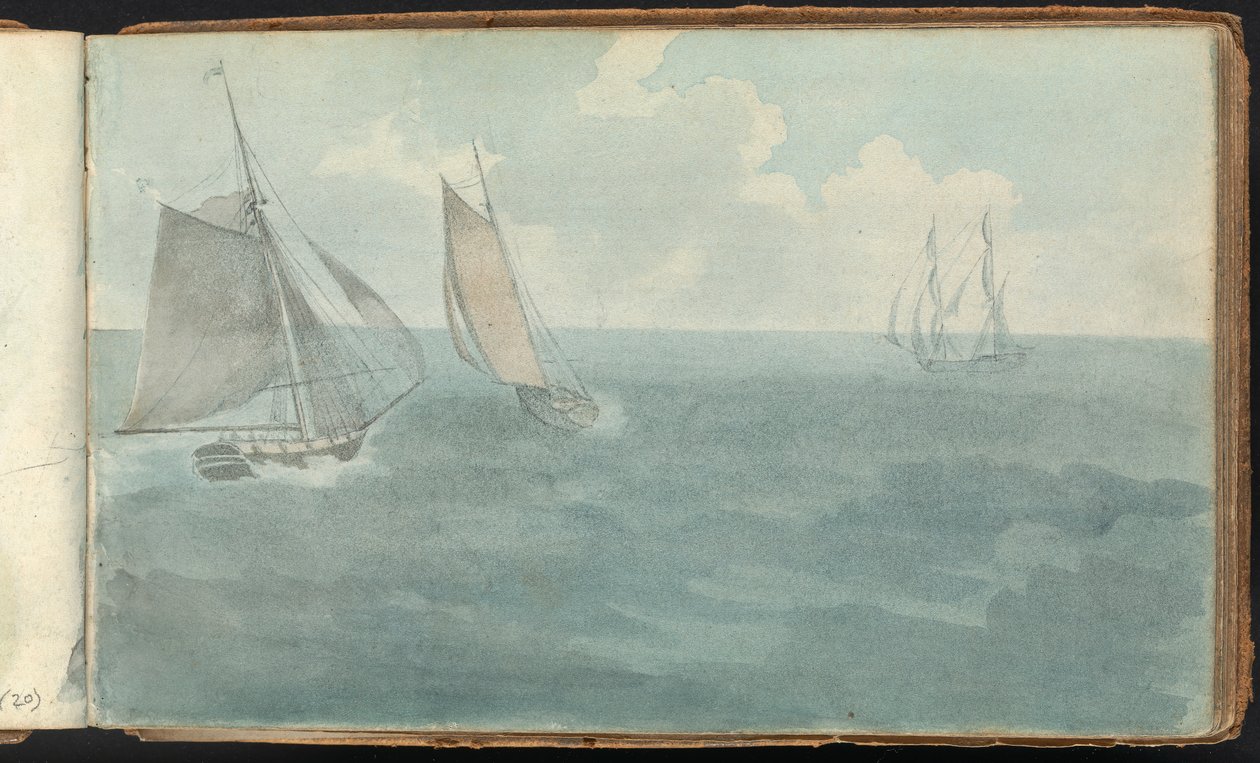 Album van Landschap- en Figurenstudies: Drie Schepen op Zee door Thomas Bradshaw