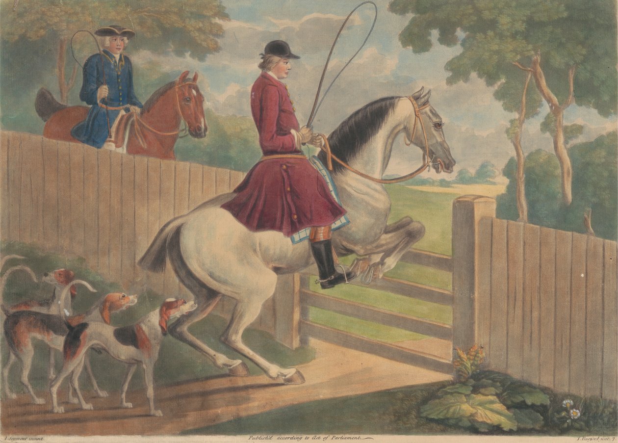 Jacht [twee van een set van twaalf]: 7. [Een ruiter die een paard naar een hek leidt] door Thomas Burford