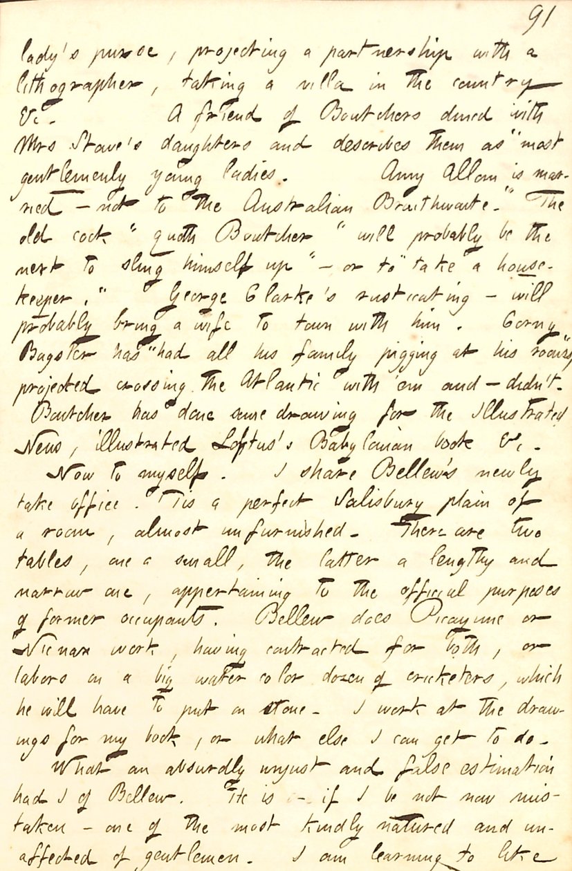 Beschrijft het kantoor dat hij deelt met Frank Bellew, en een brief van William Boutcher. Transcriptie door Thomas Butler Gunn