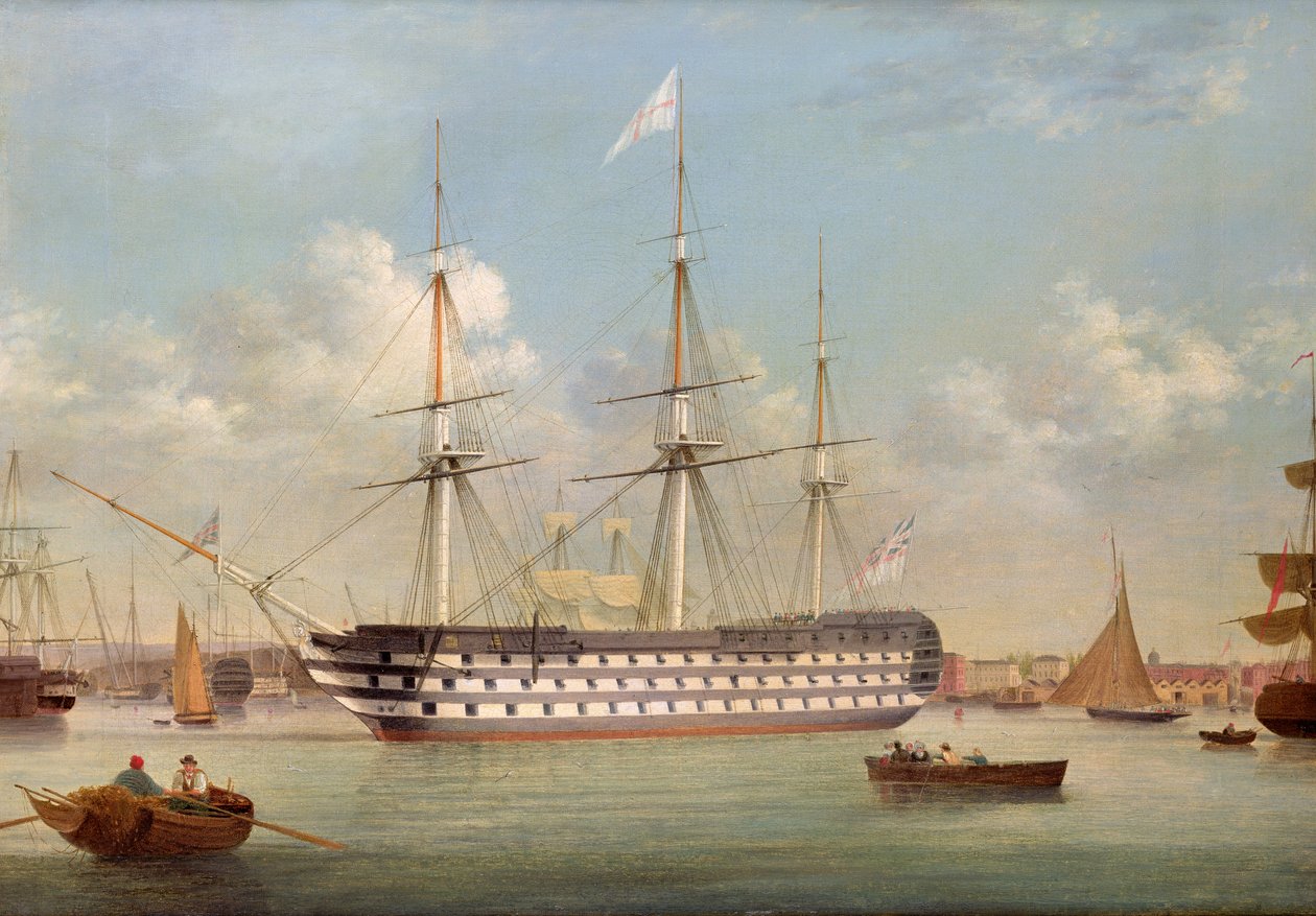 H.M.S. Britannia voor anker bij Plymouth door Thomas Buttersworth