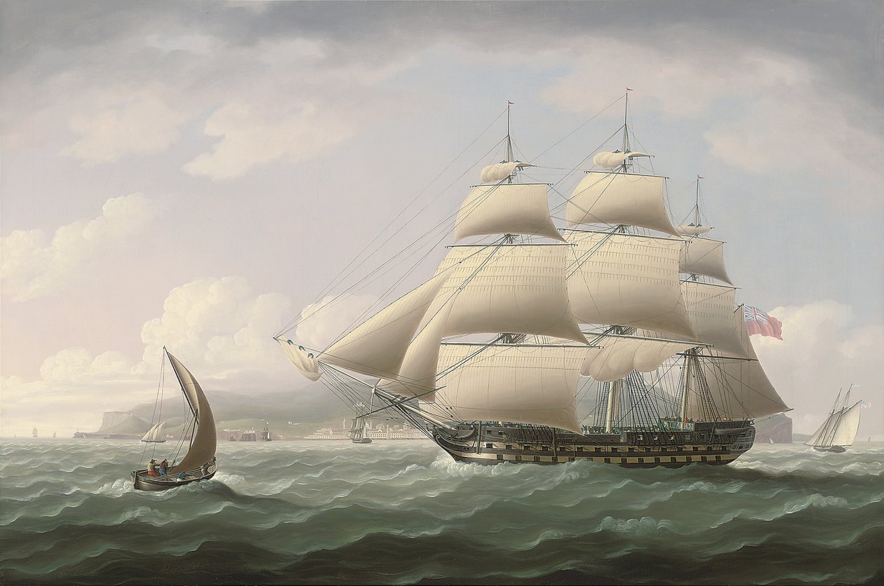 Het schip Dunira van de Vereenigde Oostindische Compagnie passeert de baai van Funchal op het eiland Madeira - Thomas Buttersworth door Thomas Buttersworth