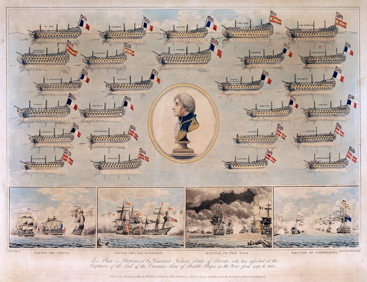 De oorlogsschepen veroverd door Horatio Nelson (1758-1805) tussen 1793 en 1801, tijdens de zeeslagen van Genua (of Kaap Noli, Italië) door Thomas Buttersworth