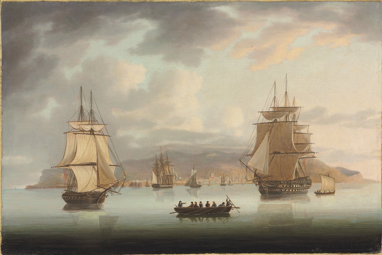 Funchal Roadstead, H.M.S. Blenheim met Greyhound en Harrier op weg naar buiten door Thomas Butterworth