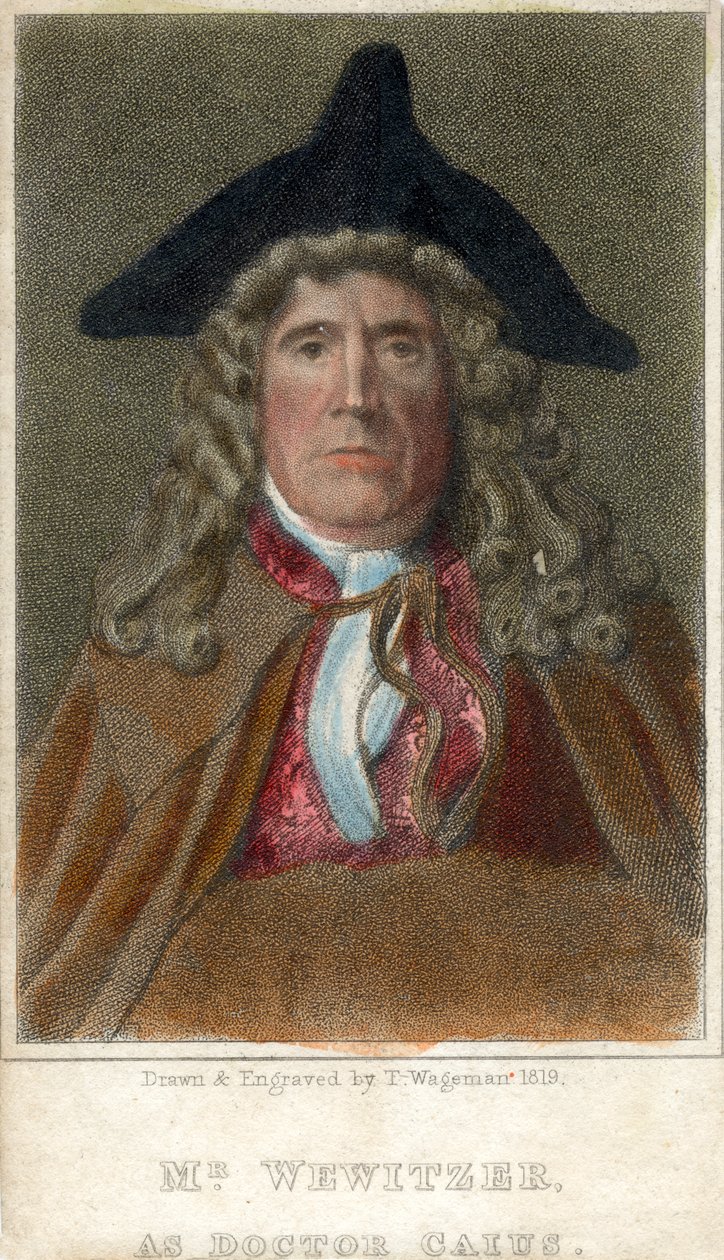 Mr. Wewitzer als Doctor Caius, 1819 door Thomas Charles Wageman