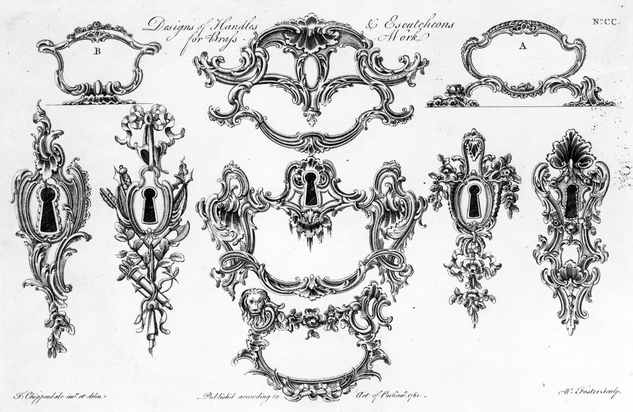 Ontwerpen van handvatten en sleutelplaten voor messingwerk, prent gemaakt door W. Foster, 1761 door Thomas Chippendale