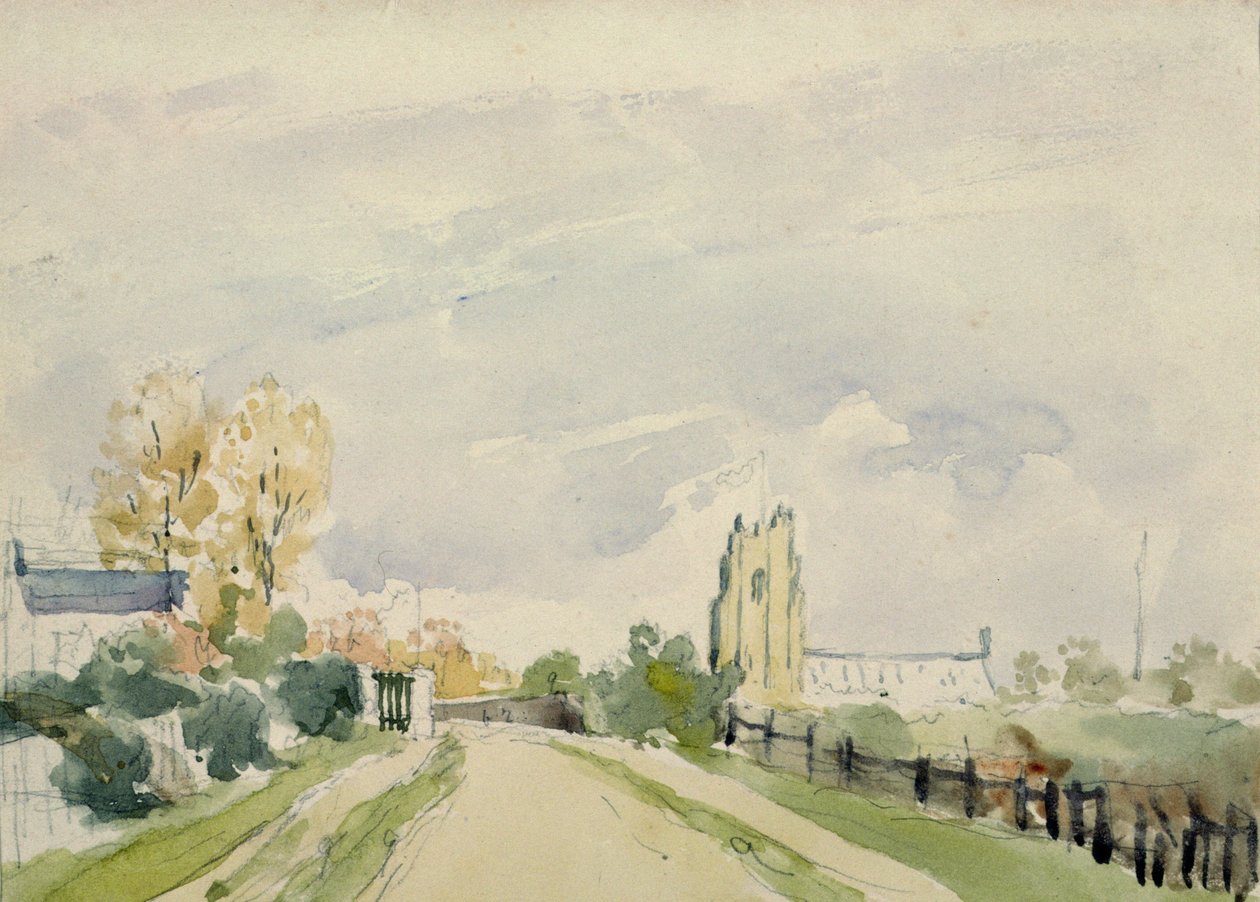 Suffolk landschap, een brede weg met een klein huis, een kerk en bomen door Thomas Churchyard
