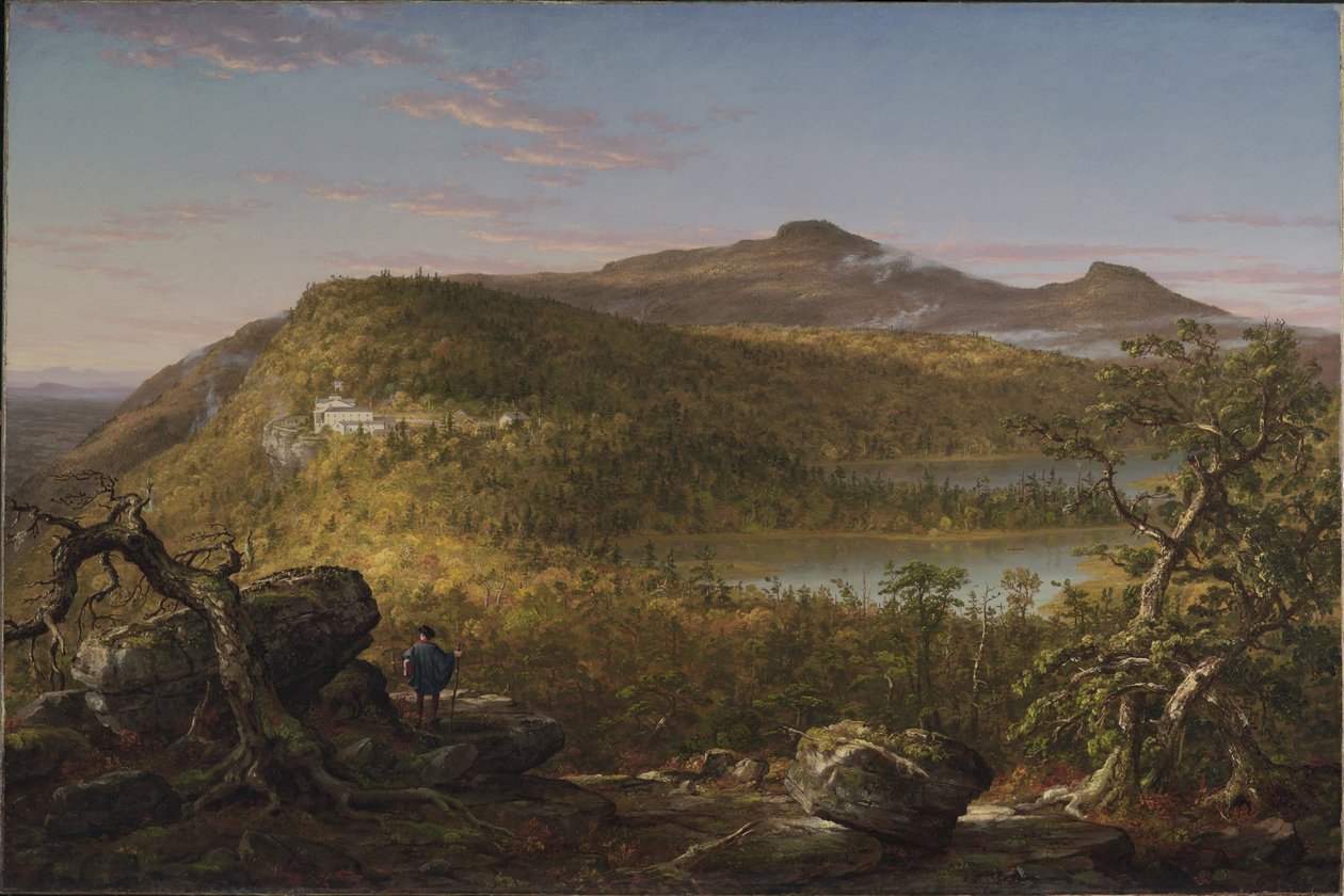Gezicht op de twee meren en Mountain House, Catskill Mountains, ochtend door Thomas Cole
