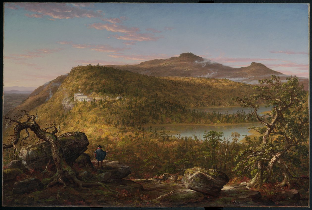 Een Uitzicht op de Twee Meren en Mountain House, Catskill Mountains, Ochtend door Thomas Cole