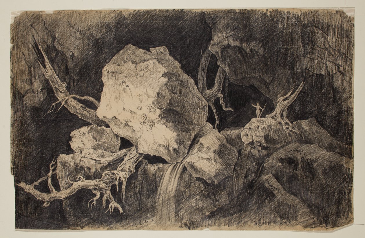 Jager staand in grot bij rots en waterval, circa 1828 door Thomas Cole