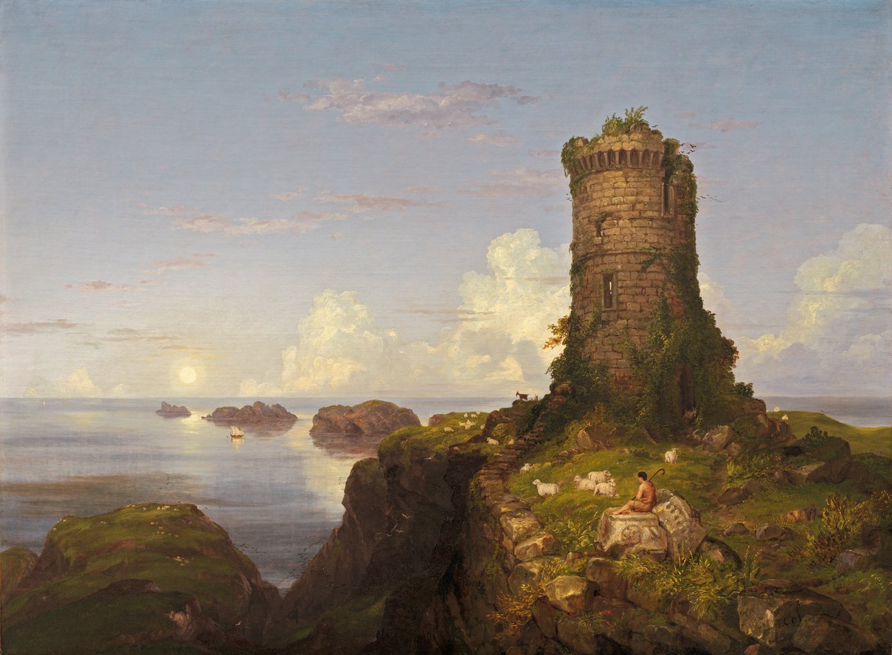 Italiaanse kustscène met verwoeste toren door Thomas Cole