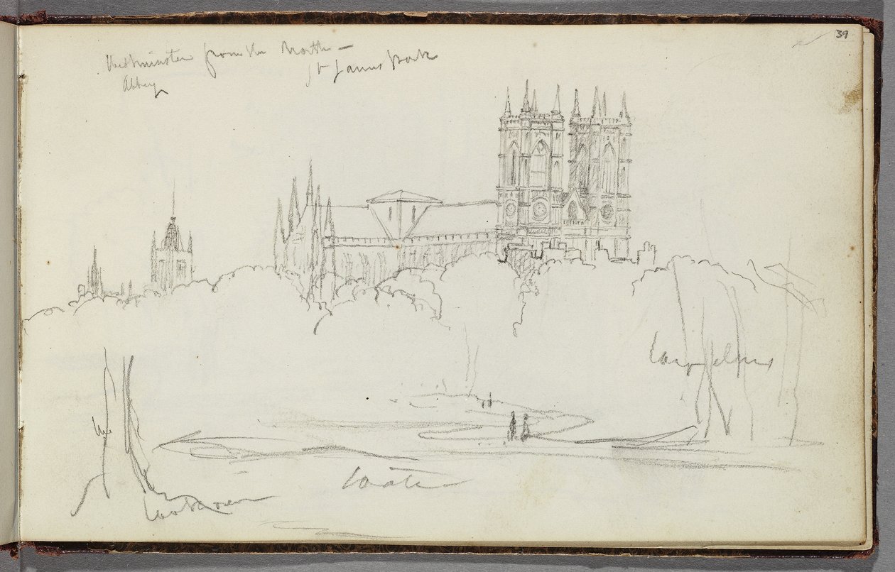 Westminster Abbey vanuit het noorden, St. James Park, ca. 1830 door Thomas Cole