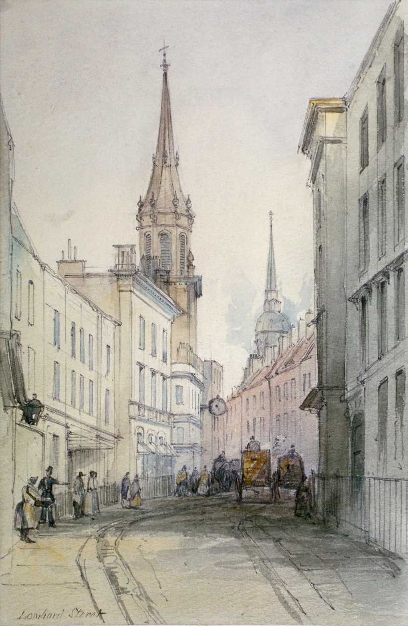 Uitzicht langs Lombard Street, kijkend naar het oosten, met figuren en rijtuigen, City of London, 1851 door Thomas Colman Dibdin
