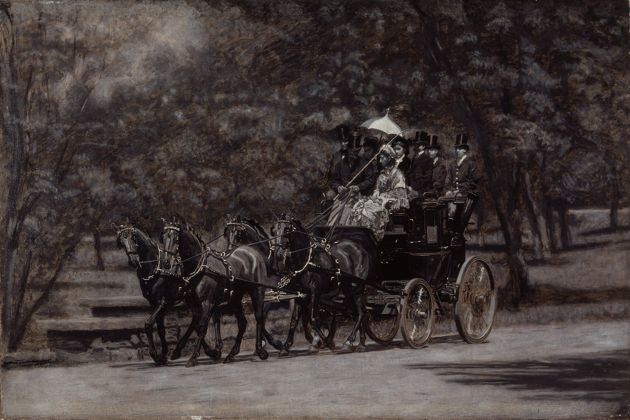 The Fairman Rogers Four-In-Hand (Een meimorgen in het park) 1899 (olieverf op doek) door Thomas Cowperthwait Eakins