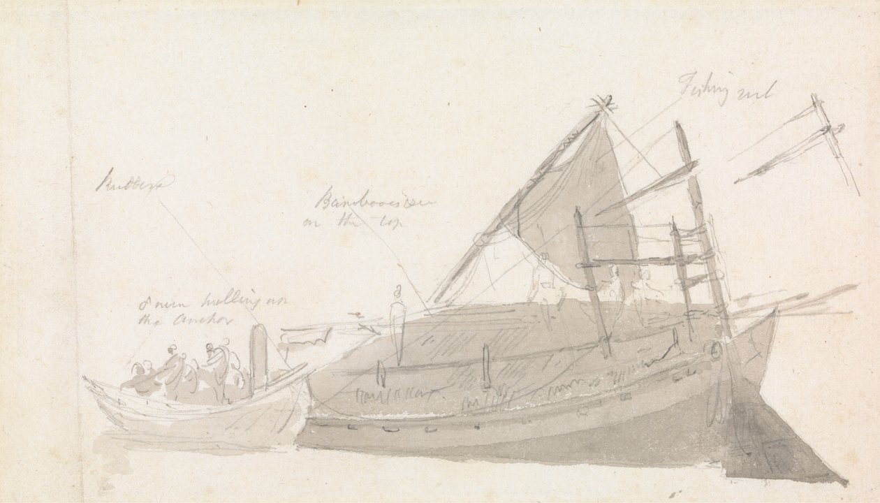 Vissersboot met kleine vaartuigen ernaast door Thomas Daniell