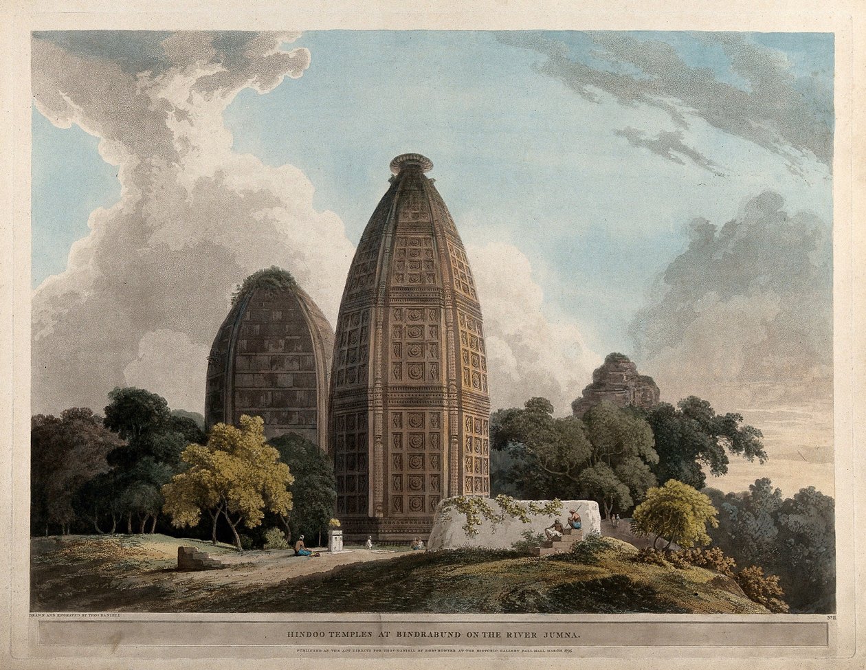 Hindoetempels bij Bindrabund aan de rivier de Jumna door Thomas Daniell
