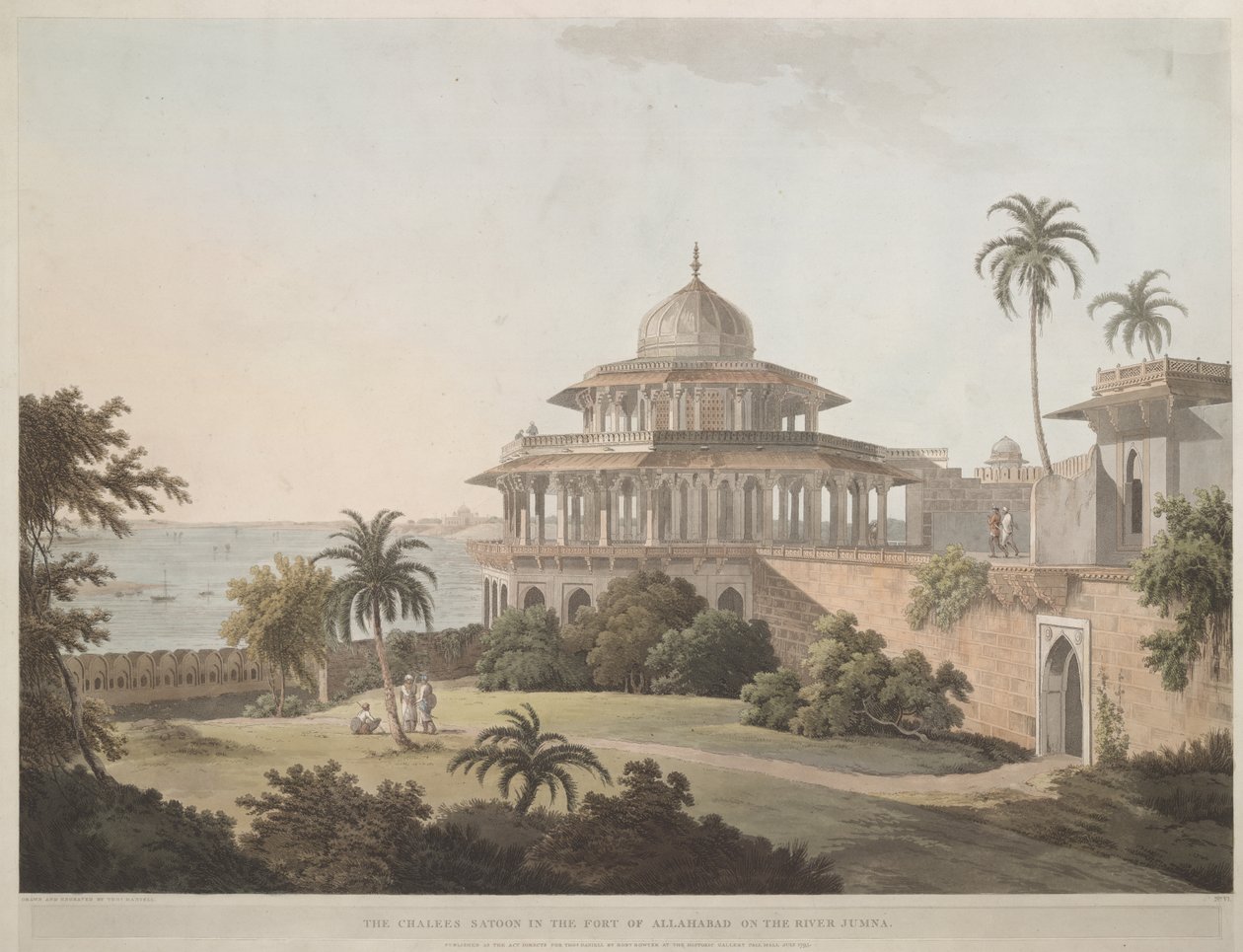 De Chalees Satoon in het fort van Allahabad aan de rivier Jumna door Thomas Daniell