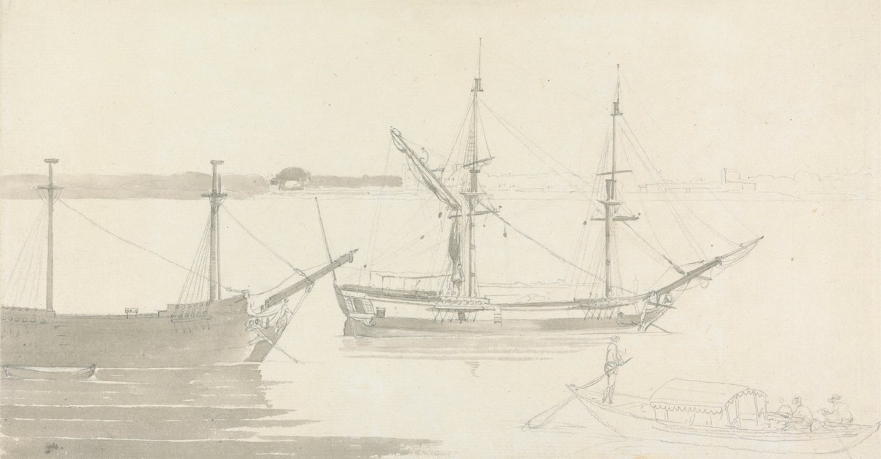 Twee afgemeerde schepen en een vissersboot door Thomas Daniell