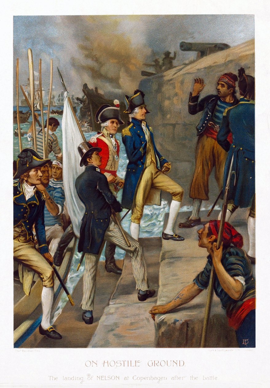 In een vijandig land. De landing van Horatio Nelson (1758-1805) in Kopenhagen (Denemarken), na de slag (1801). Chromolithografie, circa 1897, door Thomas Davidson (actief 1863-1903). door Thomas Davidson