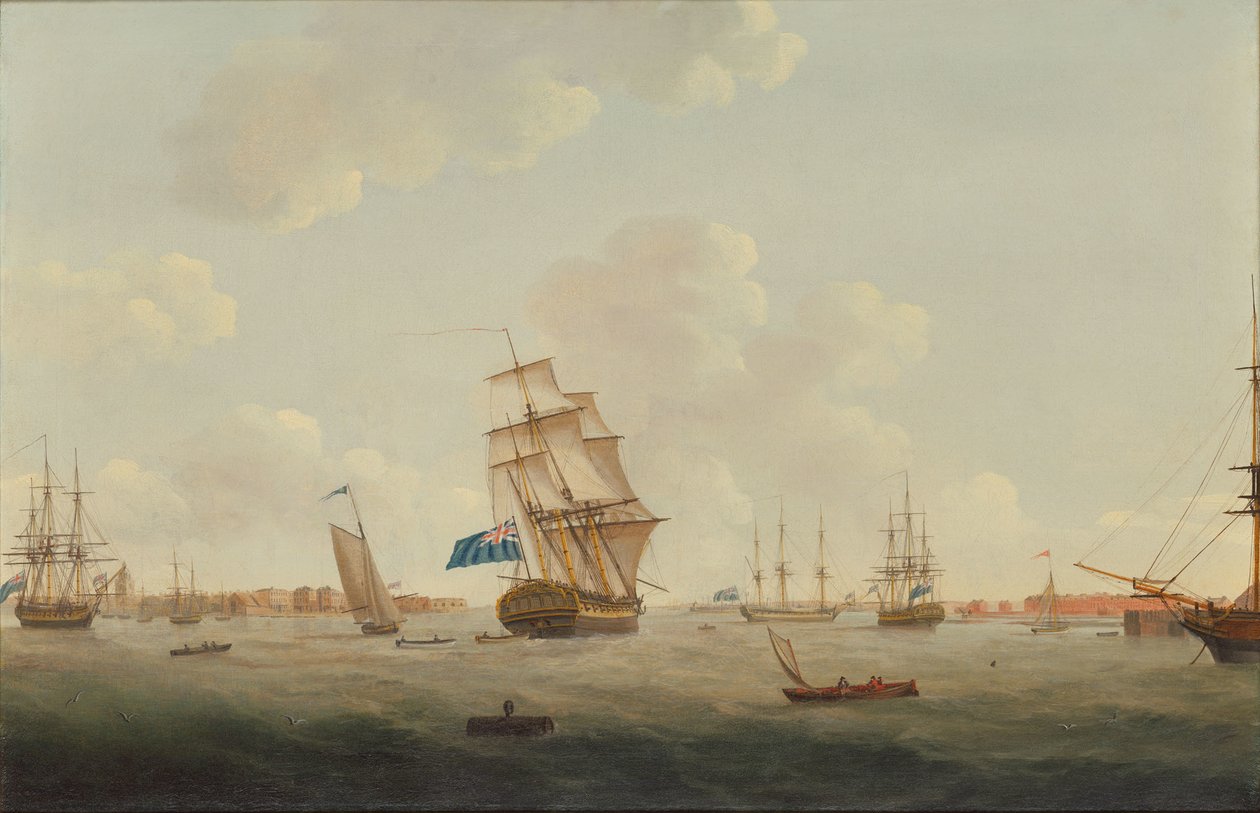 Een panorama van de haven van Portsmouth met oorlogsschepen en andere schepen door Thomas Elliott