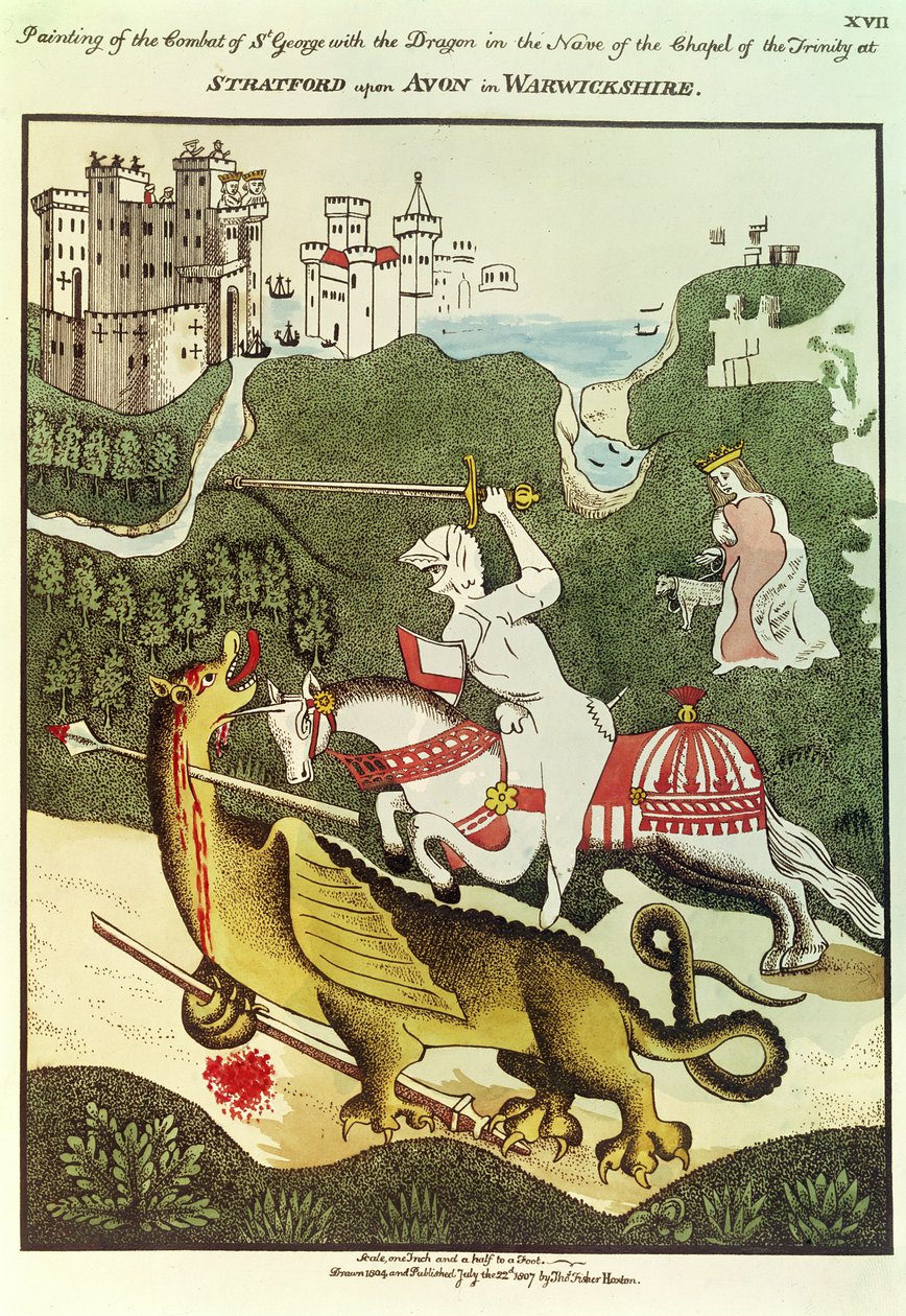 St. George en de Draak, naar een origineel schilderij in de Kapel van de Drie-eenheid in Stratford Upon Avon, Warwickshire, 1804 door Thomas Fisher Hoxton